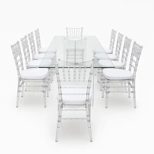 Glass Table with 10 Chairs